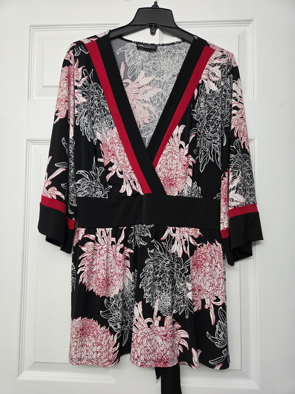 Floral Mock Wrap Top in Black & Red With Tie Back
